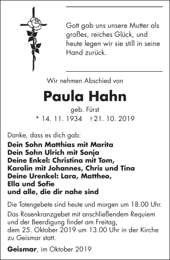 Traueranzeige von Paula Hahn von Südthüringer Presse
