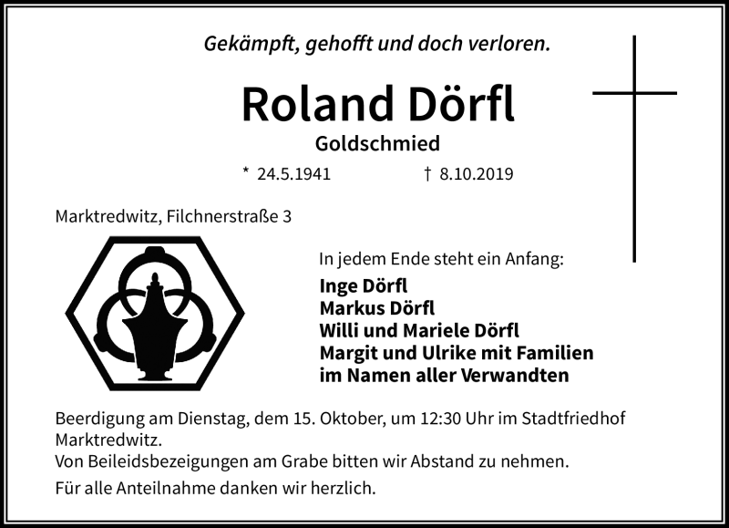  Traueranzeige für Roland Dörfl vom 12.10.2019 aus Frankenpost
