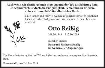 Traueranzeige von Otto Reißig von Südthüringer Presse