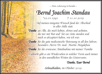 Traueranzeige von Bernd Joachim Standau von Südthüringer Presse