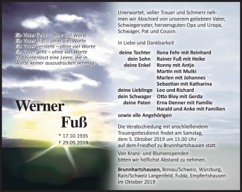 Traueranzeige von Werner Fuß von Südthüringer Presse