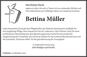 Traueranzeige von Bettina Müller von Südthüringer Presse
