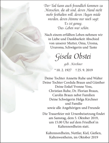 Traueranzeige von Gisela Obstei von Südthüringer Presse