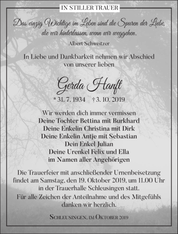 Traueranzeige von Gerda Hanft von Südthüringer Presse