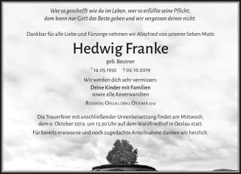Traueranzeige von Hedwig Franke von Neue Presse Coburg