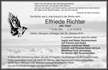 Traueranzeige von Elfriede Richter von Frankenpost