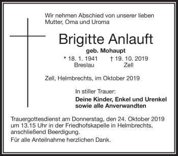 Traueranzeige von Brigitte Anlauf von Frankenpost
