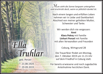 Traueranzeige von Ella Truhlar von Neue Presse Coburg