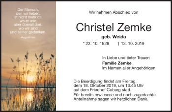 Traueranzeige von Christel Zemke von Neue Presse Coburg
