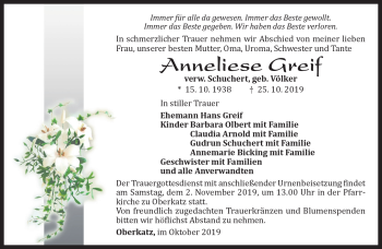 Traueranzeige von Anneliese Greif von Südthüringer Presse