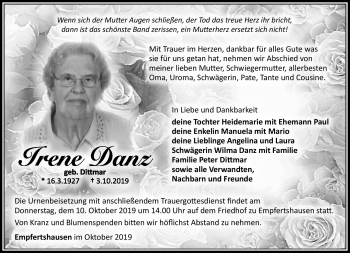Traueranzeige von Irene Danz von Südthüringer Presse