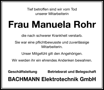 Traueranzeige von Manuela Rohr von Südthüringer Presse