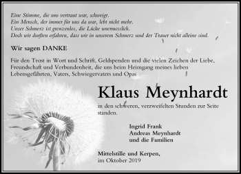 Traueranzeige von Klaus Meynhardt von Südthüringer Presse