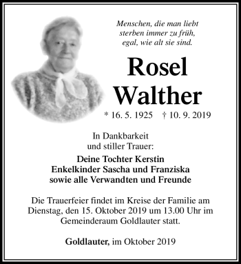 Traueranzeige von Walther Rosel von Südthüringer Presse