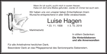 Traueranzeige von Luise Hagen von Frankenpost