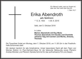 Traueranzeige von Erika Abendroth von Frankenpost