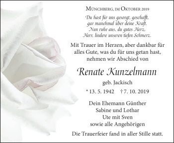 Traueranzeige von Renate Kunzelmann von Frankenpost