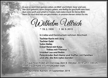 Traueranzeige von Wihelm Ullrich von Südthüringer Presse