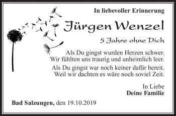 Traueranzeige von Jürgen Wenzel von Südthüringer Presse