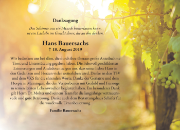 Traueranzeige von Hans Bauersachs von Südthüringer Presse