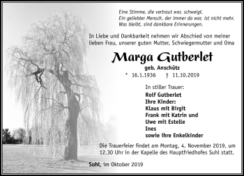 Traueranzeige von Marga Gutberlet von Südthüringer Presse