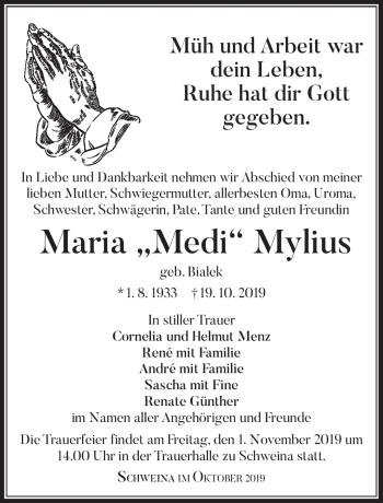 Traueranzeige von Maria Mylius von Südthüringer Presse