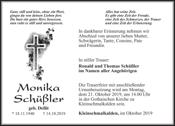 Traueranzeige von Monika Schüßler von Südthüringer Presse