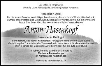 Traueranzeige von Anton Hasenkopf von Südthüringer Presse
