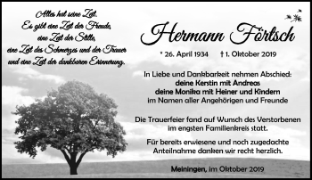 Traueranzeige von Hermann Förtsch von Südthüringer Presse