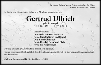 Traueranzeige von Gertrud Ullrich von Südthüringer Presse
