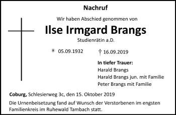 Traueranzeige von Ilse Irmgard Brangs von Neue Presse Coburg