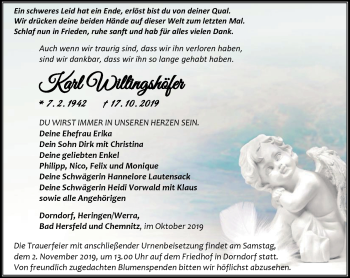 Traueranzeige von Karl Willingshöfer von Südthüringer Presse