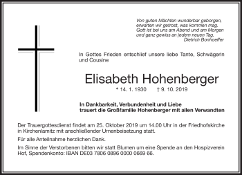 Traueranzeige von Elisabeth Hohenberger von Frankenpost