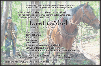 Traueranzeige von Horst Göbel von Südthüringer Presse
