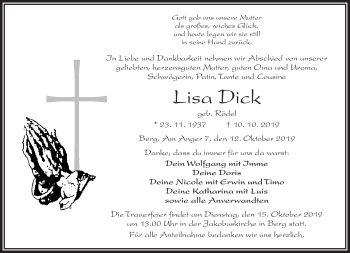 Traueranzeige von Lisa Dick von Frankenpost