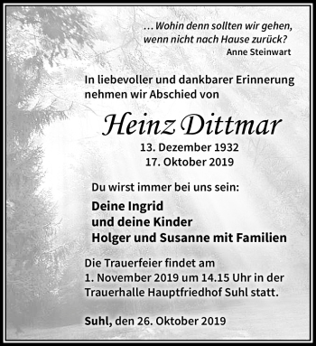 Traueranzeige von Heinz Dittmar von Südthüringer Presse
