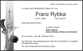 Traueranzeige von Franz Rybka von Neue Presse Coburg