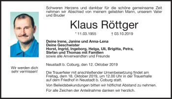 Traueranzeige von Klaus Röttger von Neue Presse Coburg