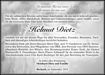 Traueranzeige von Helmut Dietz von Südthüringer Presse