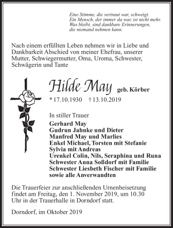 Traueranzeige von Hilde May von Südthüringer Presse