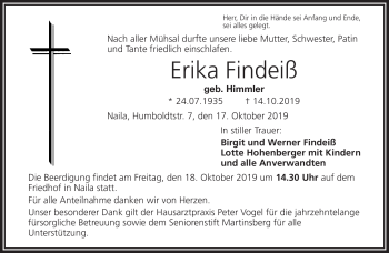 Traueranzeige von Erika Findeiß von Frankenpost