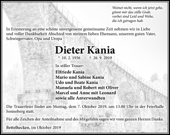 Traueranzeige von Dieter Kania von Südthüringer Presse