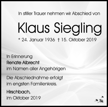 Traueranzeige von Klaus Siegling von Südthüringer Presse