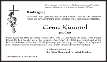 Traueranzeige von Erna Kümpel von Südthüringer Presse