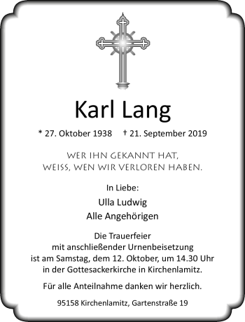 Traueranzeige von Karl Lang von Frankenpost