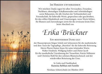 Traueranzeige von Erika Brückner von Südthüringer Presse