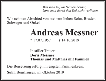 Traueranzeige von Andreas Messner von Südthüringer Presse