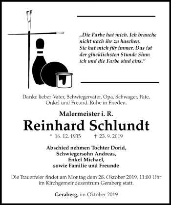 Traueranzeige von Reinhard Schlundt von Südthüringer Presse