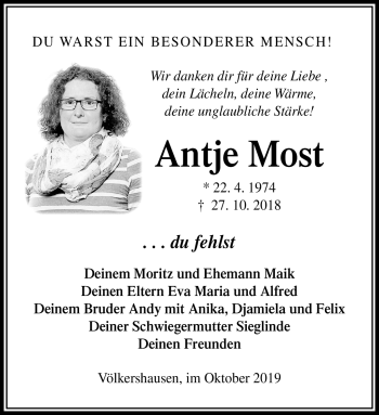 Traueranzeige von Antje Most von Südthüringer Presse