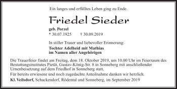 Traueranzeige von Friedel Siedler von Südthüringer Presse